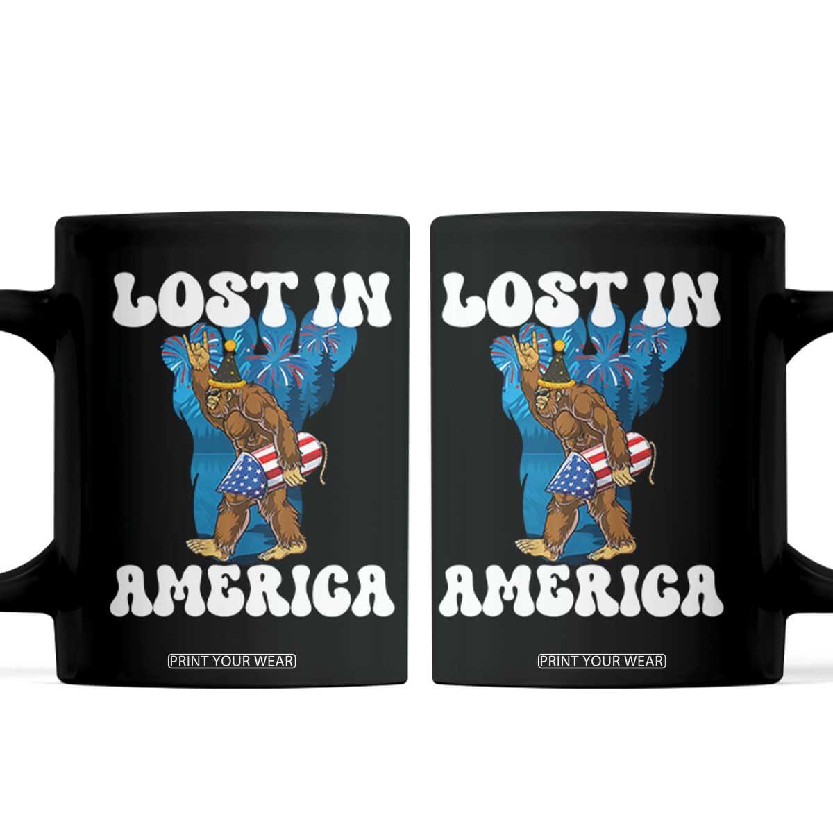 Funny 4th Of July Bigfoot Lost In America Coffee Mug Patriotic Sasquatch Rocket Footprint Fireworks TS11 Black Print Your Wear