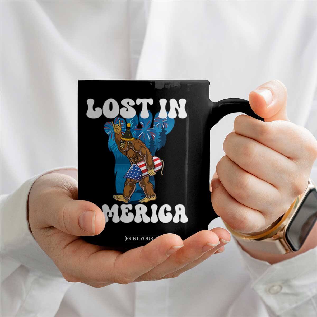 Funny 4th Of July Bigfoot Lost In America Coffee Mug Patriotic Sasquatch Rocket Footprint Fireworks TS11 Print Your Wear