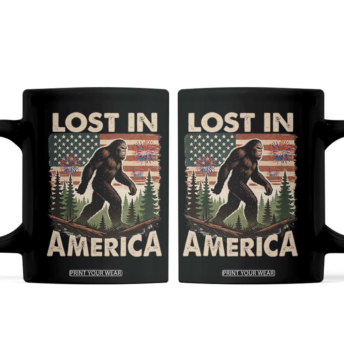 Funny 4th Of July Bigfoot Lost In America Coffee Mug Patriotic Sasquatch US Flag Fireworks TS11 Black Print Your Wear