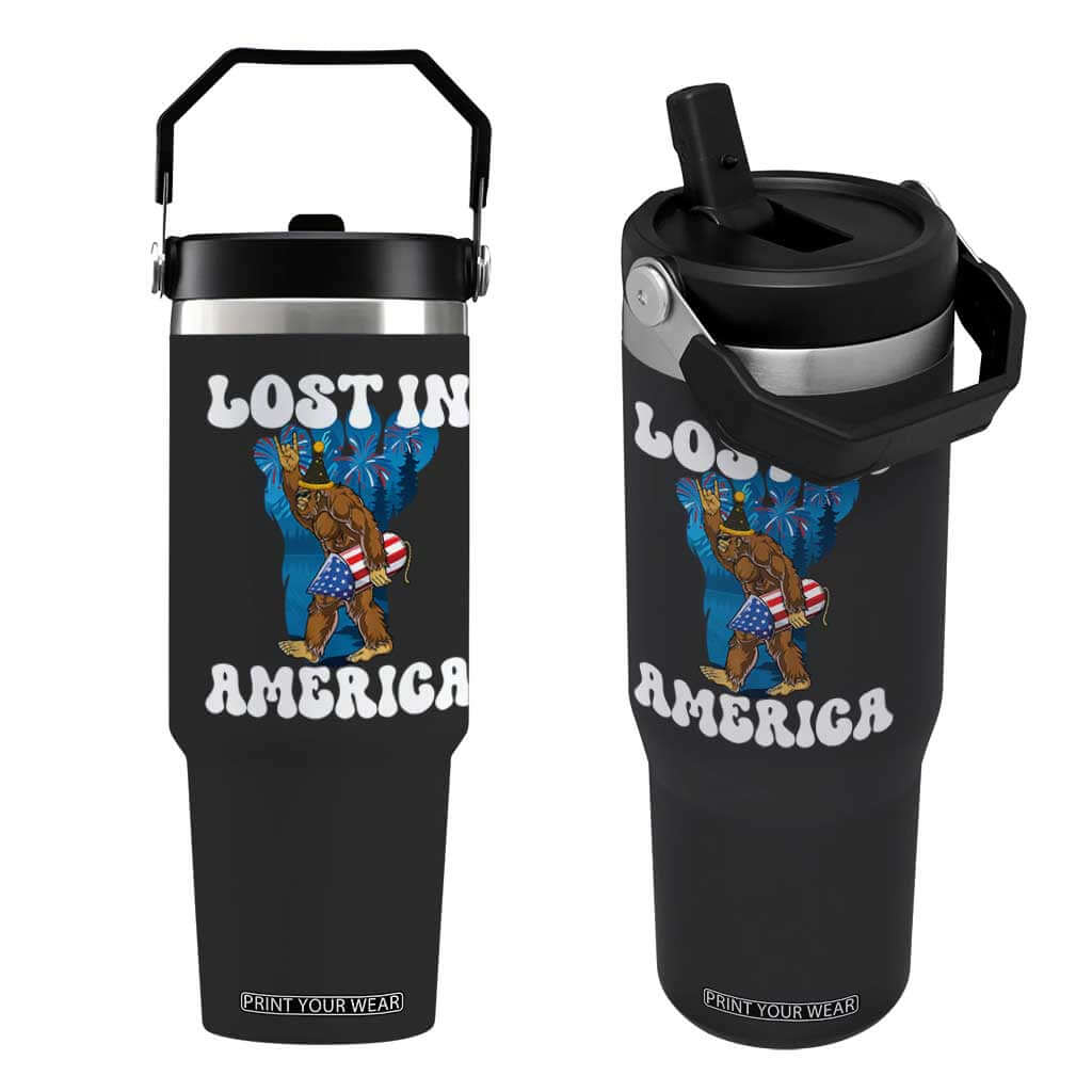 Funny 4th Of July Bigfoot Lost In America Flip Straw Tumbler Patriotic Sasquatch Rocket Footprint Fireworks TS11 One Size: 30 oz Black Print Your Wear