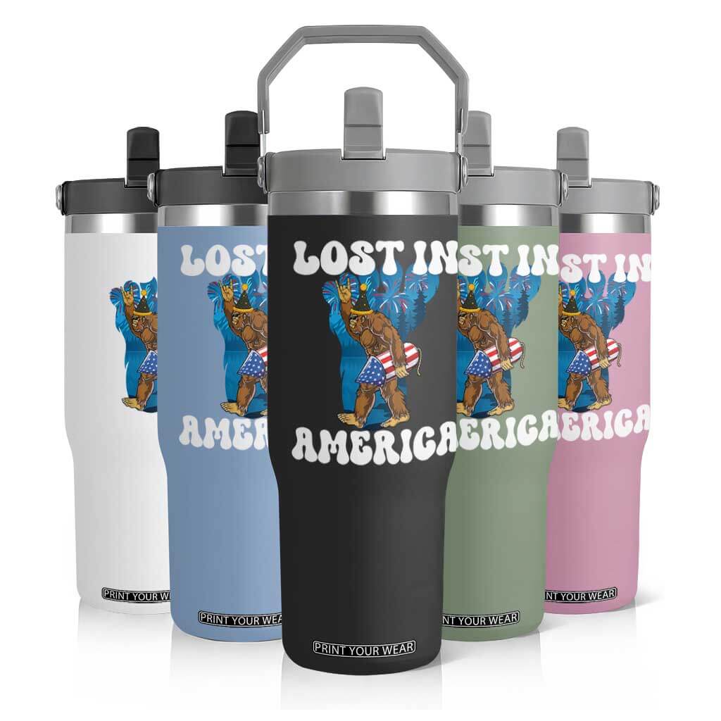 Funny 4th Of July Bigfoot Lost In America Flip Straw Tumbler Patriotic Sasquatch Rocket Footprint Fireworks TS11 Print Your Wear