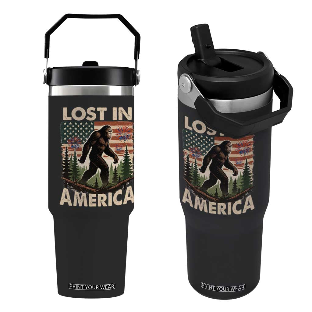 Funny 4th Of July Bigfoot Lost In America Flip Straw Tumbler Patriotic Sasquatch US Flag Fireworks TS11 One Size: 30 oz Black Print Your Wear