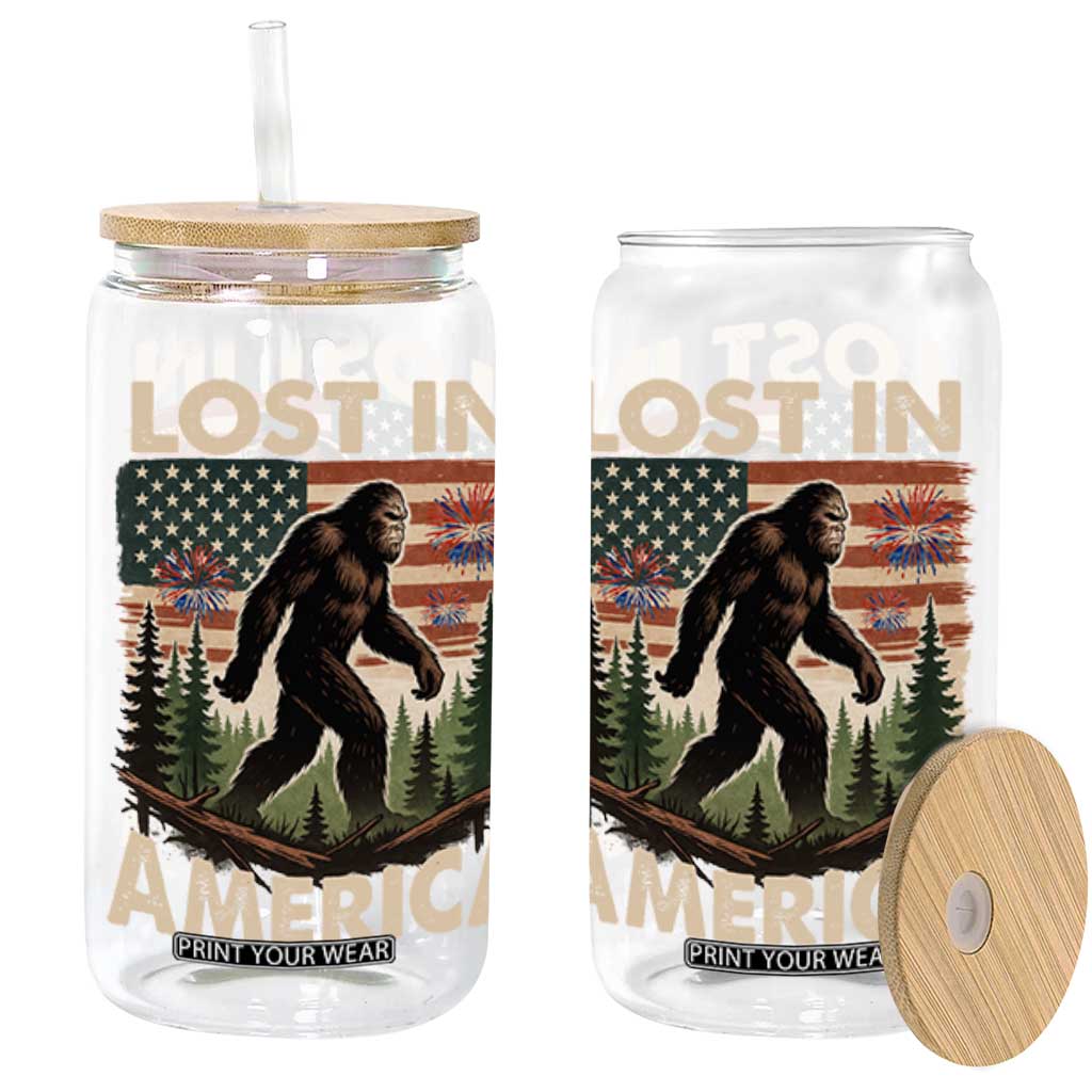 Funny 4th Of July Bigfoot Lost In America Glass Can Patriotic Sasquatch US Flag Fireworks TS11 Black Print Your Wear
