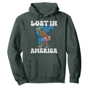 Funny 4th Of July Bigfoot Lost In America Hoodie Patriotic Sasquatch Rocket Footprint Fireworks TS11 Dark Forest Green Print Your Wear
