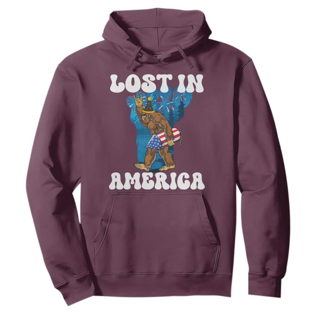 Funny 4th Of July Bigfoot Lost In America Hoodie Patriotic Sasquatch Rocket Footprint Fireworks TS11 Maroon Print Your Wear
