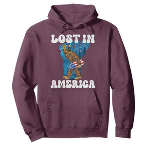 Funny 4th Of July Bigfoot Lost In America Hoodie Patriotic Sasquatch Rocket Footprint Fireworks TS11 Maroon Print Your Wear