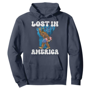 Funny 4th Of July Bigfoot Lost In America Hoodie Patriotic Sasquatch Rocket Footprint Fireworks TS11 Navy Print Your Wear