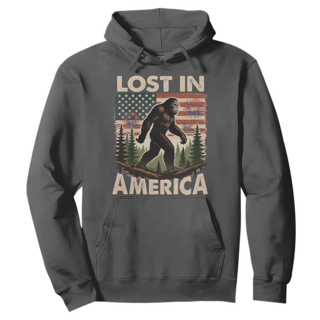 Funny 4th Of July Bigfoot Lost In America Hoodie Patriotic Sasquatch US Flag Fireworks TS11 Dark Heather Print Your Wear