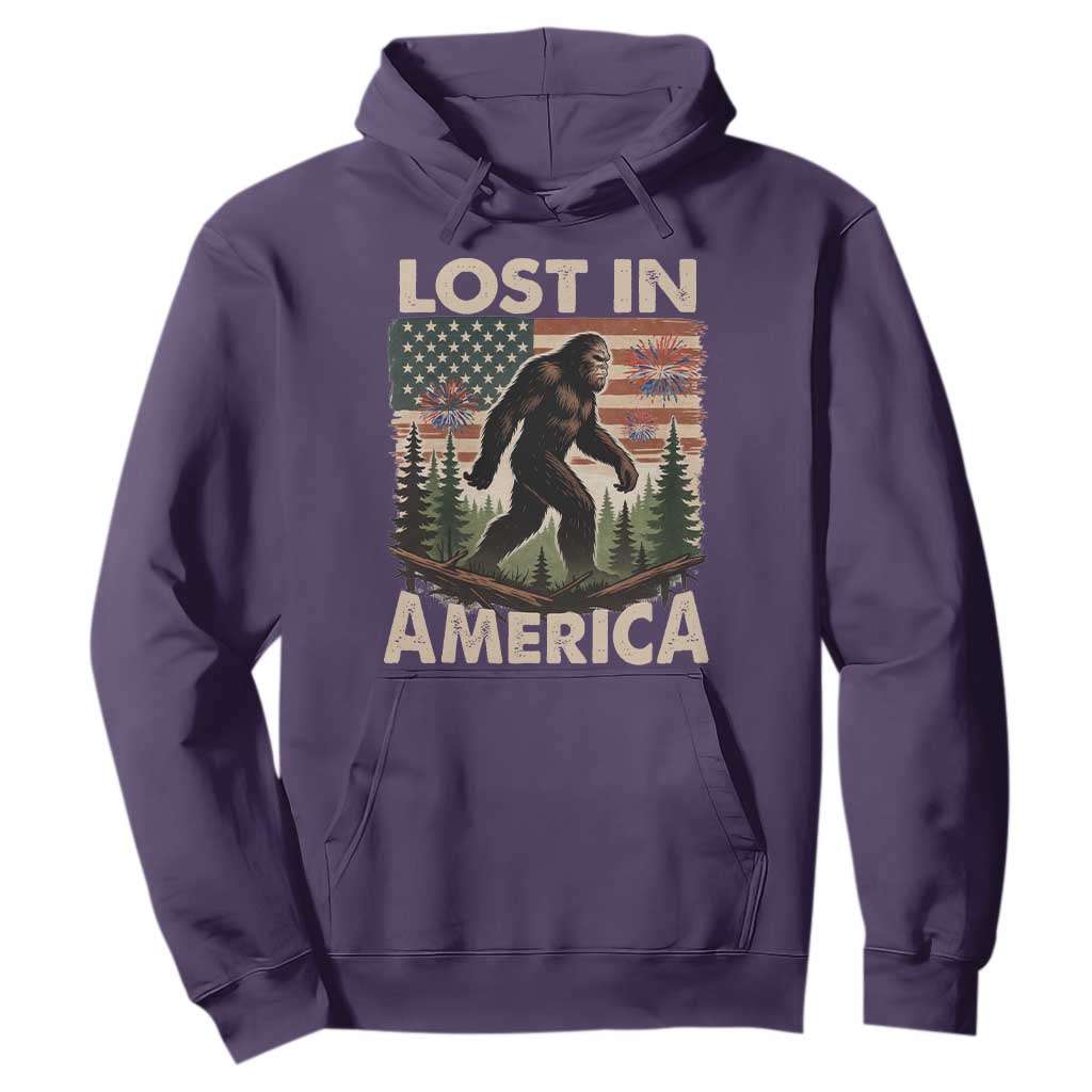 Funny 4th Of July Bigfoot Lost In America Hoodie Patriotic Sasquatch US Flag Fireworks TS11 Purple Print Your Wear