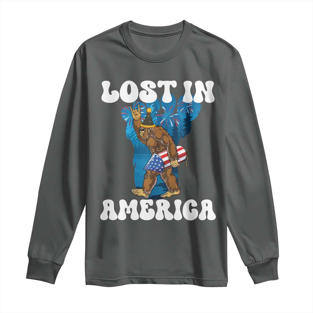 Funny 4th Of July Bigfoot Lost In America Long Sleeve Shirt Patriotic Sasquatch Rocket Footprint Fireworks TS11 Dark Heather Print Your Wear