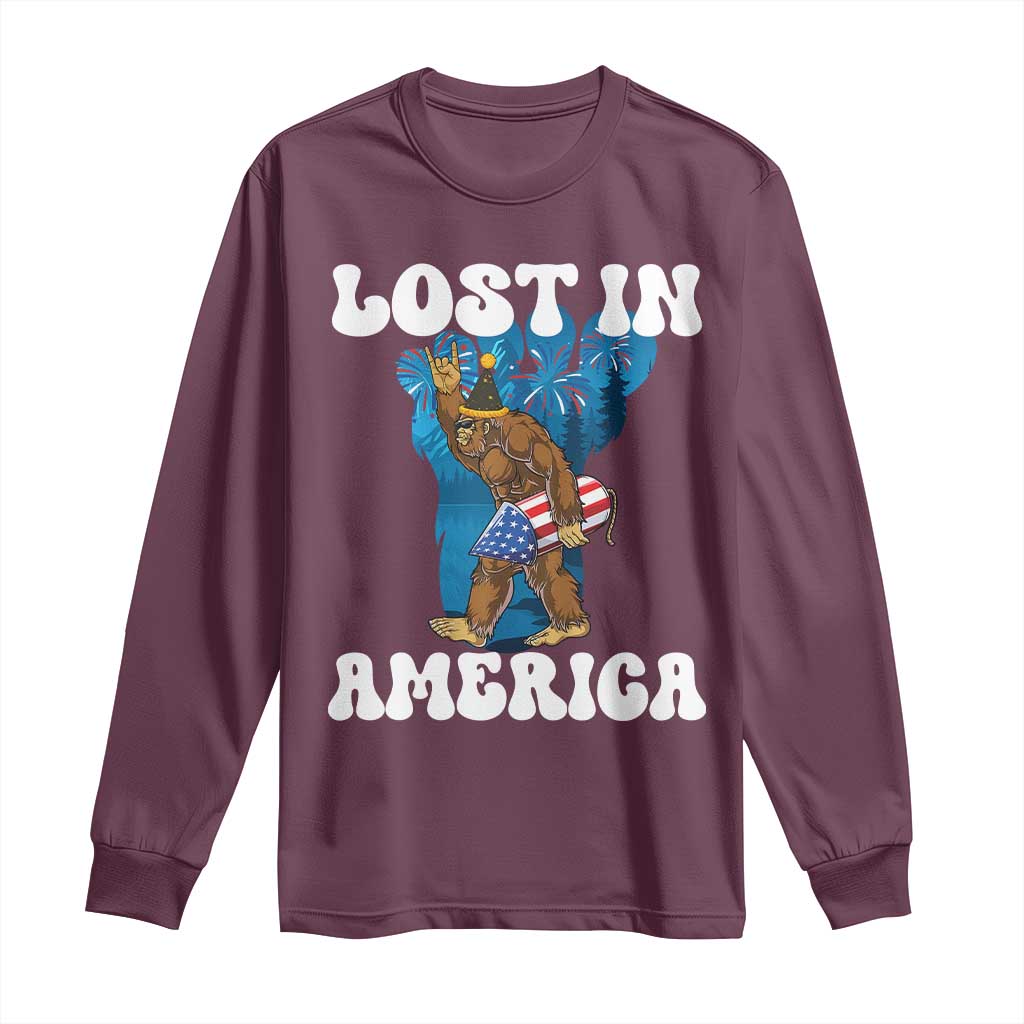 Funny 4th Of July Bigfoot Lost In America Long Sleeve Shirt Patriotic Sasquatch Rocket Footprint Fireworks TS11 Maroon Print Your Wear