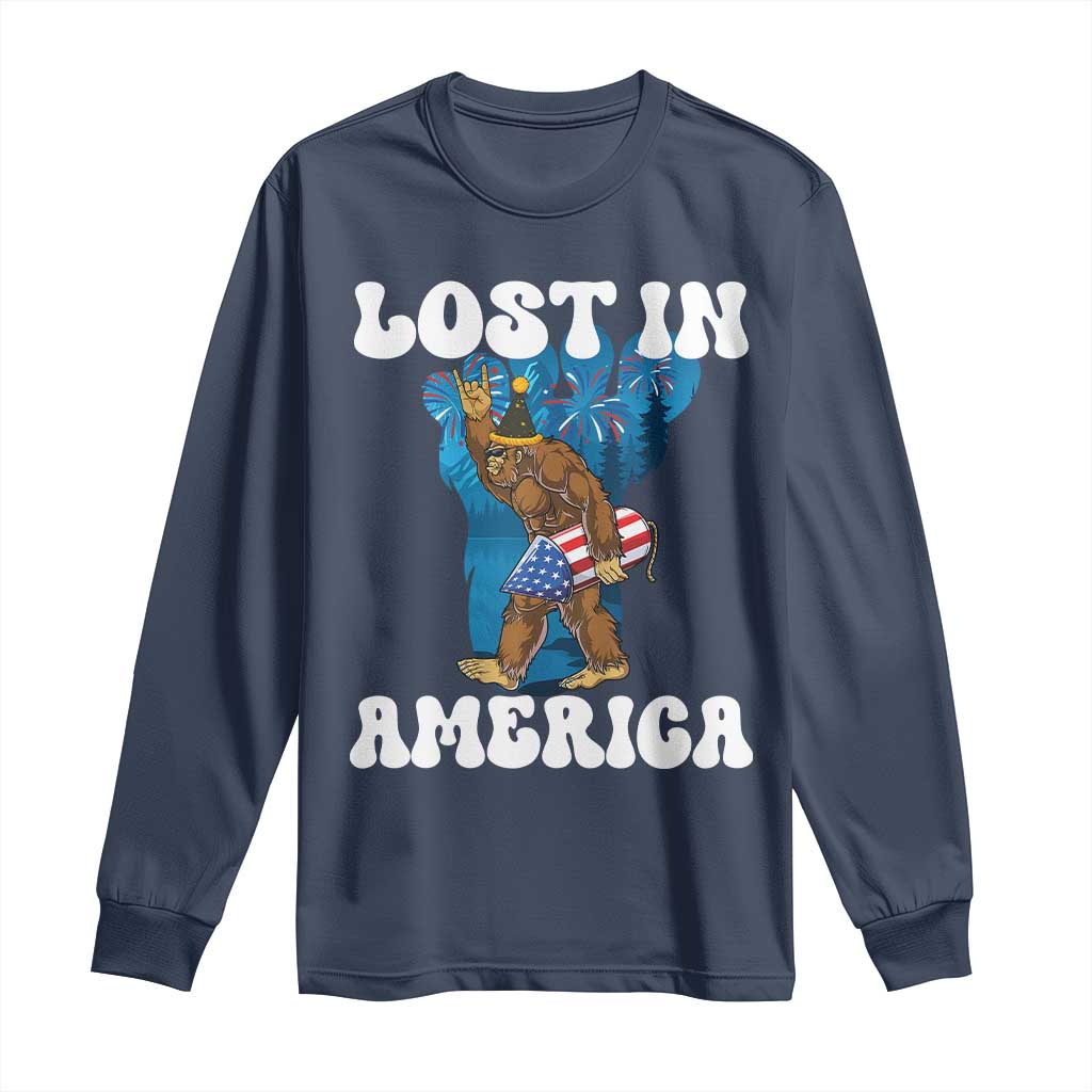 Funny 4th Of July Bigfoot Lost In America Long Sleeve Shirt Patriotic Sasquatch Rocket Footprint Fireworks TS11 Navy Print Your Wear
