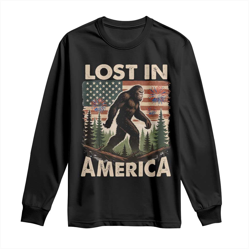 Funny 4th Of July Bigfoot Lost In America Long Sleeve Shirt Patriotic Sasquatch US Flag Fireworks TS11 Black Print Your Wear
