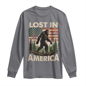 Funny 4th Of July Bigfoot Lost In America Long Sleeve Shirt Patriotic Sasquatch US Flag Fireworks TS11 Charcoal Print Your Wear