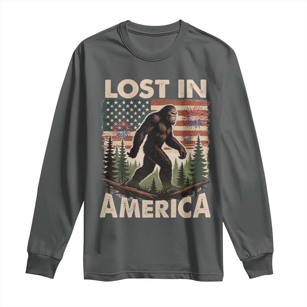 Funny 4th Of July Bigfoot Lost In America Long Sleeve Shirt Patriotic Sasquatch US Flag Fireworks TS11 Dark Heather Print Your Wear