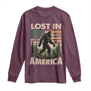 Funny 4th Of July Bigfoot Lost In America Long Sleeve Shirt Patriotic Sasquatch US Flag Fireworks TS11 Maroon Print Your Wear