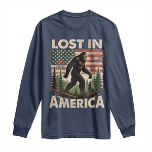 Funny 4th Of July Bigfoot Lost In America Long Sleeve Shirt Patriotic Sasquatch US Flag Fireworks TS11 Navy Print Your Wear