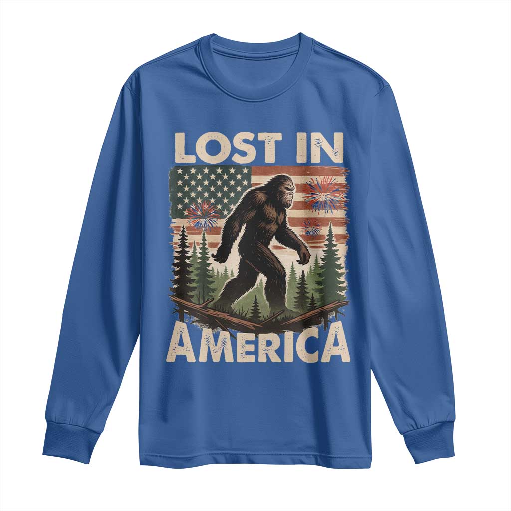 Funny 4th Of July Bigfoot Lost In America Long Sleeve Shirt Patriotic Sasquatch US Flag Fireworks TS11 Royal Blue Print Your Wear