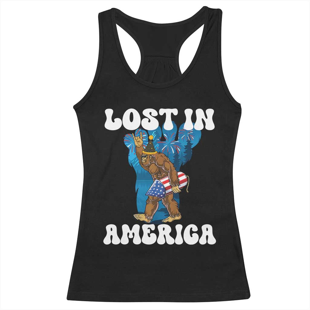 Funny 4th Of July Bigfoot Lost In America Racerback Tank Top Patriotic Sasquatch Rocket Footprint Fireworks TS11 Black Print Your Wear