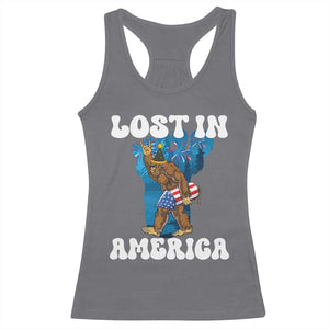 Funny 4th Of July Bigfoot Lost In America Racerback Tank Top Patriotic Sasquatch Rocket Footprint Fireworks TS11 Charcoal Print Your Wear