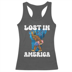 Funny 4th Of July Bigfoot Lost In America Racerback Tank Top Patriotic Sasquatch Rocket Footprint Fireworks TS11 Dark Heather Print Your Wear
