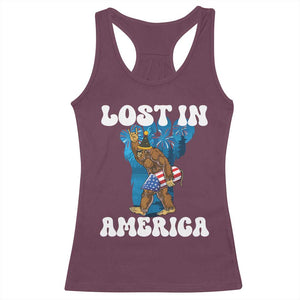 Funny 4th Of July Bigfoot Lost In America Racerback Tank Top Patriotic Sasquatch Rocket Footprint Fireworks TS11 Maroon Print Your Wear
