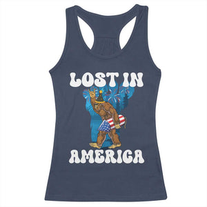 Funny 4th Of July Bigfoot Lost In America Racerback Tank Top Patriotic Sasquatch Rocket Footprint Fireworks TS11 Navy Print Your Wear