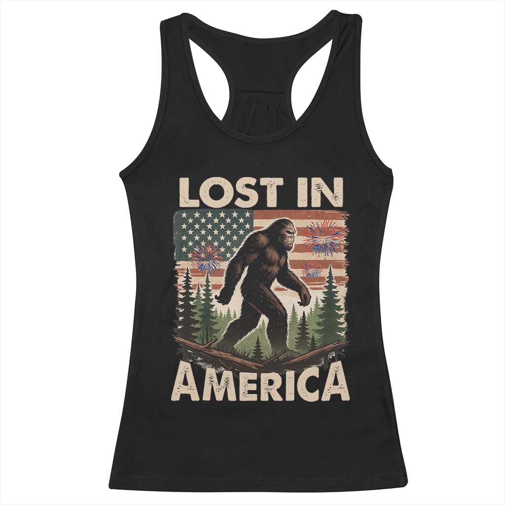 Funny 4th Of July Bigfoot Lost In America Racerback Tank Top Patriotic Sasquatch US Flag Fireworks TS11 Black Print Your Wear