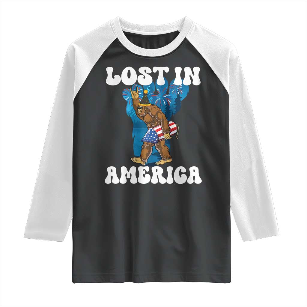 Funny 4th Of July Bigfoot Lost In America Raglan Shirt Patriotic Sasquatch Rocket Footprint Fireworks TS11 Black White Print Your Wear