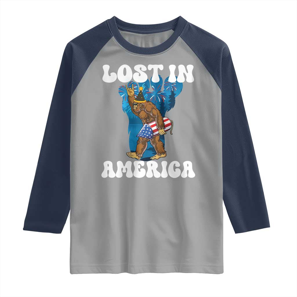 Funny 4th Of July Bigfoot Lost In America Raglan Shirt Patriotic Sasquatch Rocket Footprint Fireworks TS11 Sport Gray Navy Print Your Wear
