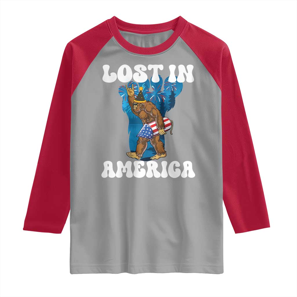 Funny 4th Of July Bigfoot Lost In America Raglan Shirt Patriotic Sasquatch Rocket Footprint Fireworks TS11 Sport Gray Red Print Your Wear