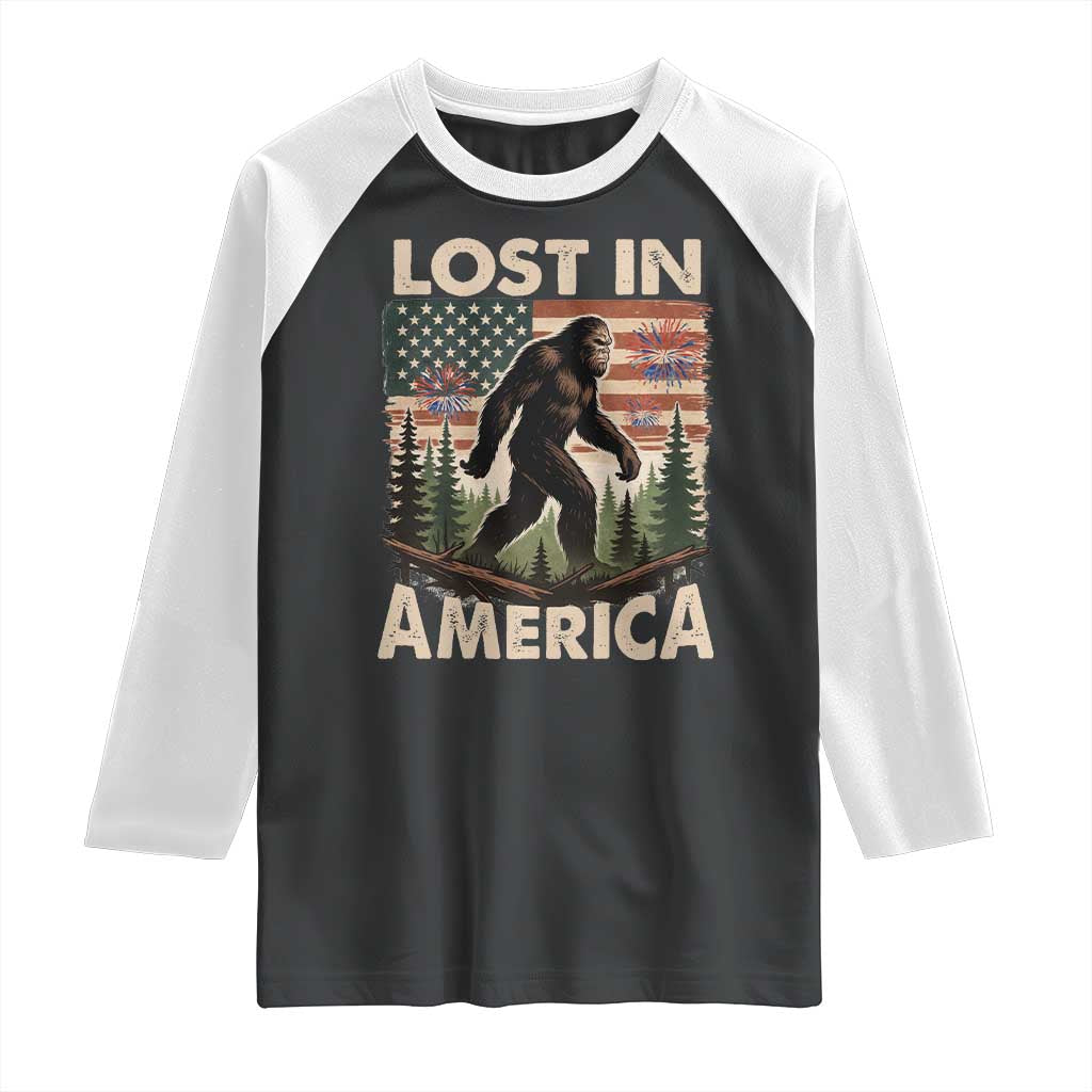 Funny 4th Of July Bigfoot Lost In America Raglan Shirt Patriotic Sasquatch US Flag Fireworks TS11 Black White Print Your Wear