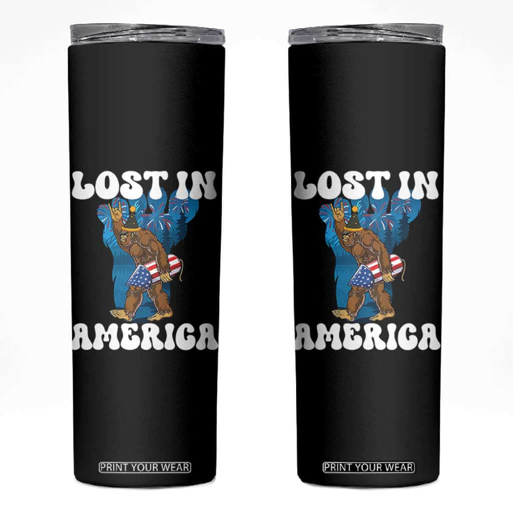 Funny 4th Of July Bigfoot Lost In America Skinny Tumbler Patriotic Sasquatch Rocket Footprint Fireworks TS11 Black Print Your Wear