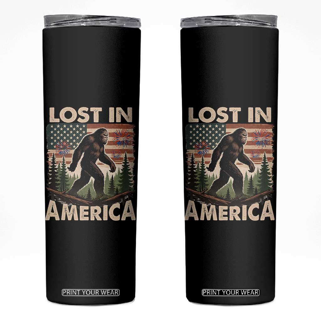 Funny 4th Of July Bigfoot Lost In America Skinny Tumbler Patriotic Sasquatch US Flag Fireworks TS11 Black Print Your Wear