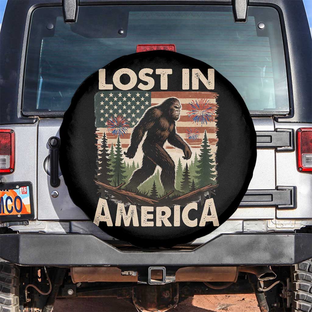 Funny 4th Of July Bigfoot Lost In America Spare Tire Cover Patriotic Sasquatch US Flag Fireworks TS11 No hole Black Print Your Wear