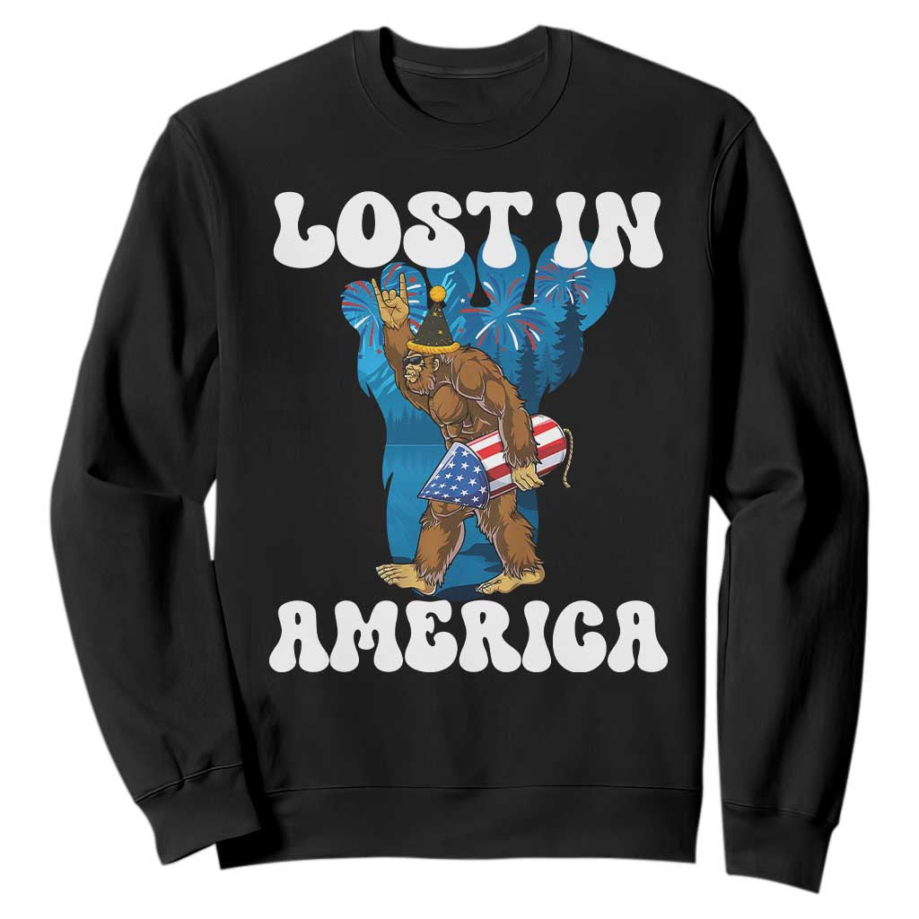 Funny 4th Of July Bigfoot Lost In America Sweatshirt Patriotic Sasquatch Rocket Footprint Fireworks TS11 Black Print Your Wear