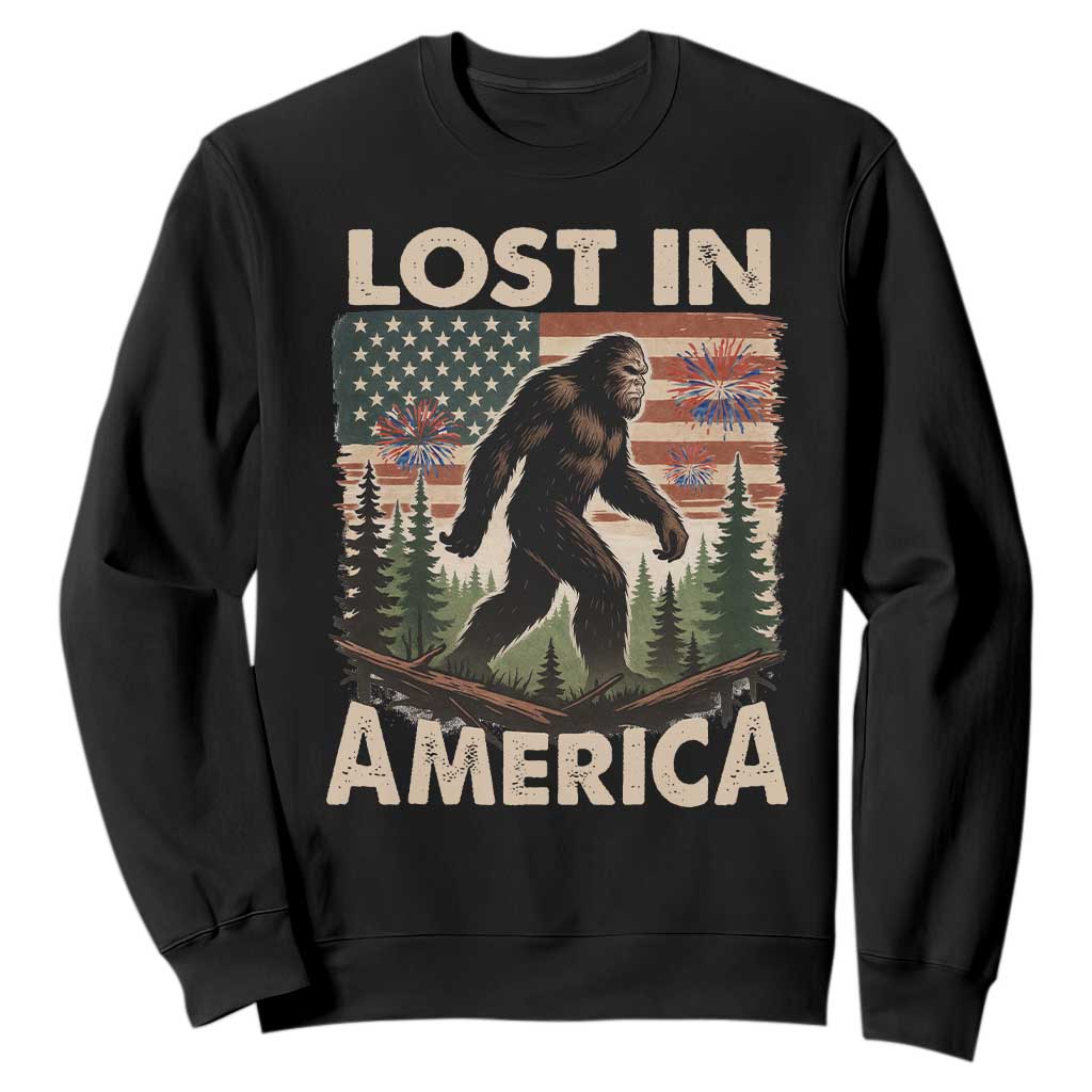 Funny 4th Of July Bigfoot Lost In America Sweatshirt Patriotic Sasquatch US Flag Fireworks TS11 Black Print Your Wear