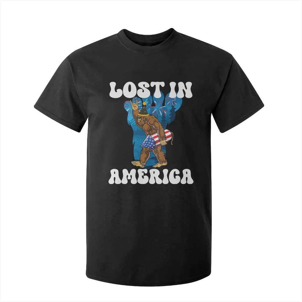 Funny 4th Of July Bigfoot Lost In America T Shirt For Kid Patriotic Sasquatch Rocket Footprint Fireworks TS11 Black Print Your Wear