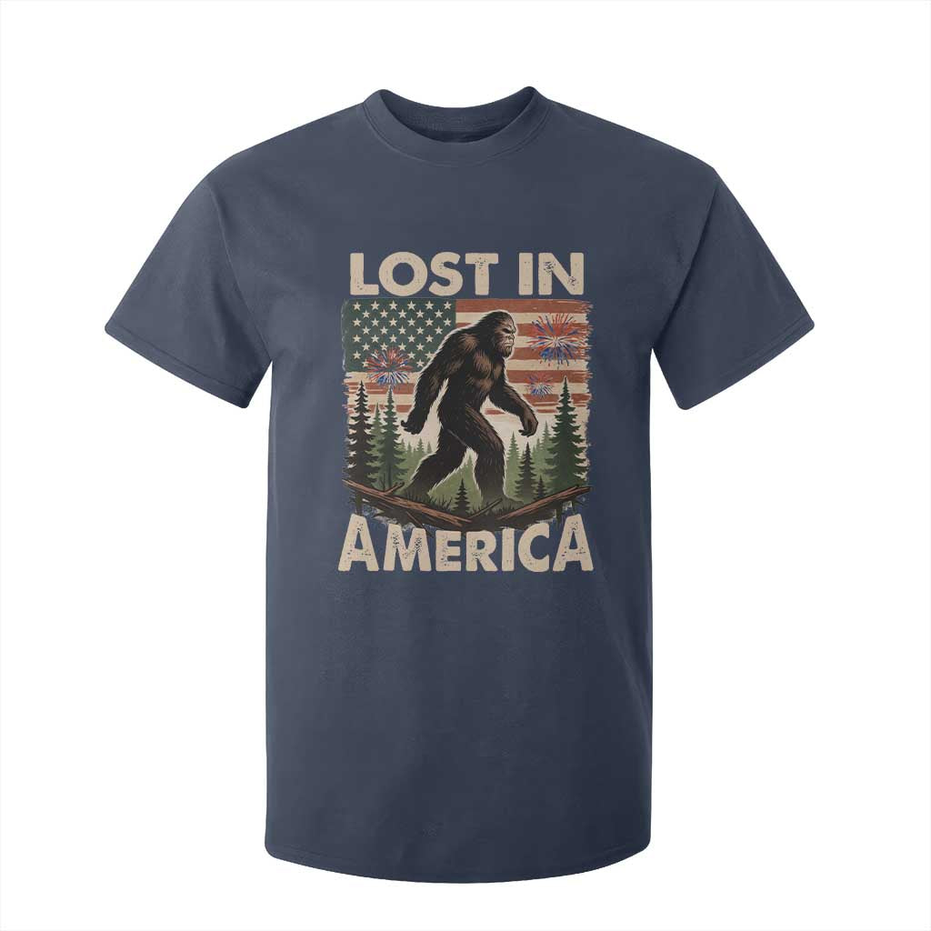 Funny 4th Of July Bigfoot Lost In America T Shirt For Kid Patriotic Sasquatch US Flag Fireworks TS11 Navy Print Your Wear