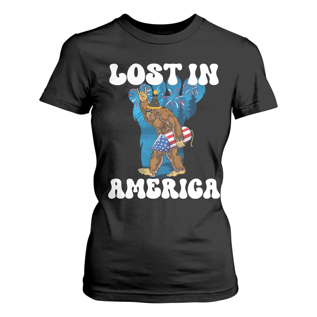Funny 4th Of July Bigfoot Lost In America T Shirt For Women Patriotic Sasquatch Rocket Footprint Fireworks TS11 Black Print Your Wear
