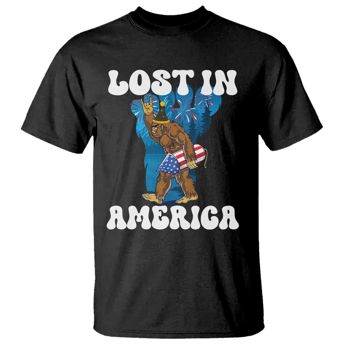 Funny 4th Of July Bigfoot Lost In America T Shirt Patriotic Sasquatch Rocket Footprint Fireworks TS11 Black Print Your Wear