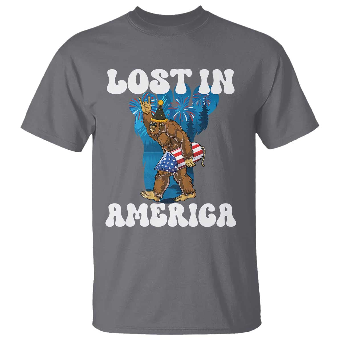 Funny 4th Of July Bigfoot Lost In America T Shirt Patriotic Sasquatch Rocket Footprint Fireworks TS11 Charcoal Print Your Wear