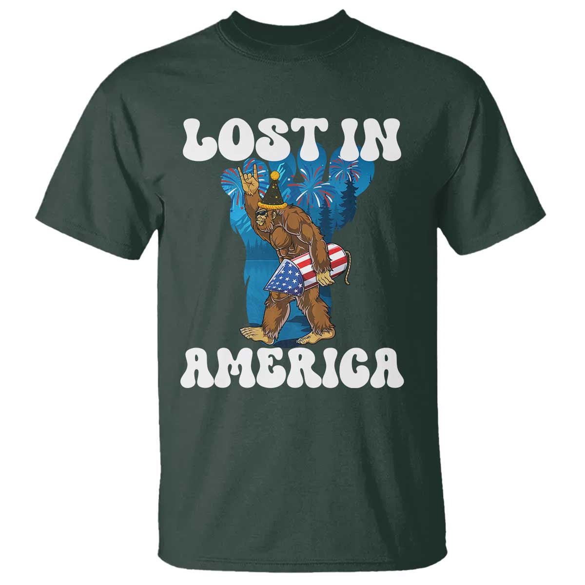 Funny 4th Of July Bigfoot Lost In America T Shirt Patriotic Sasquatch Rocket Footprint Fireworks TS11 Dark Forest Green Print Your Wear