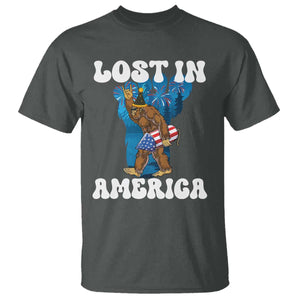 Funny 4th Of July Bigfoot Lost In America T Shirt Patriotic Sasquatch Rocket Footprint Fireworks TS11 Dark Heather Print Your Wear