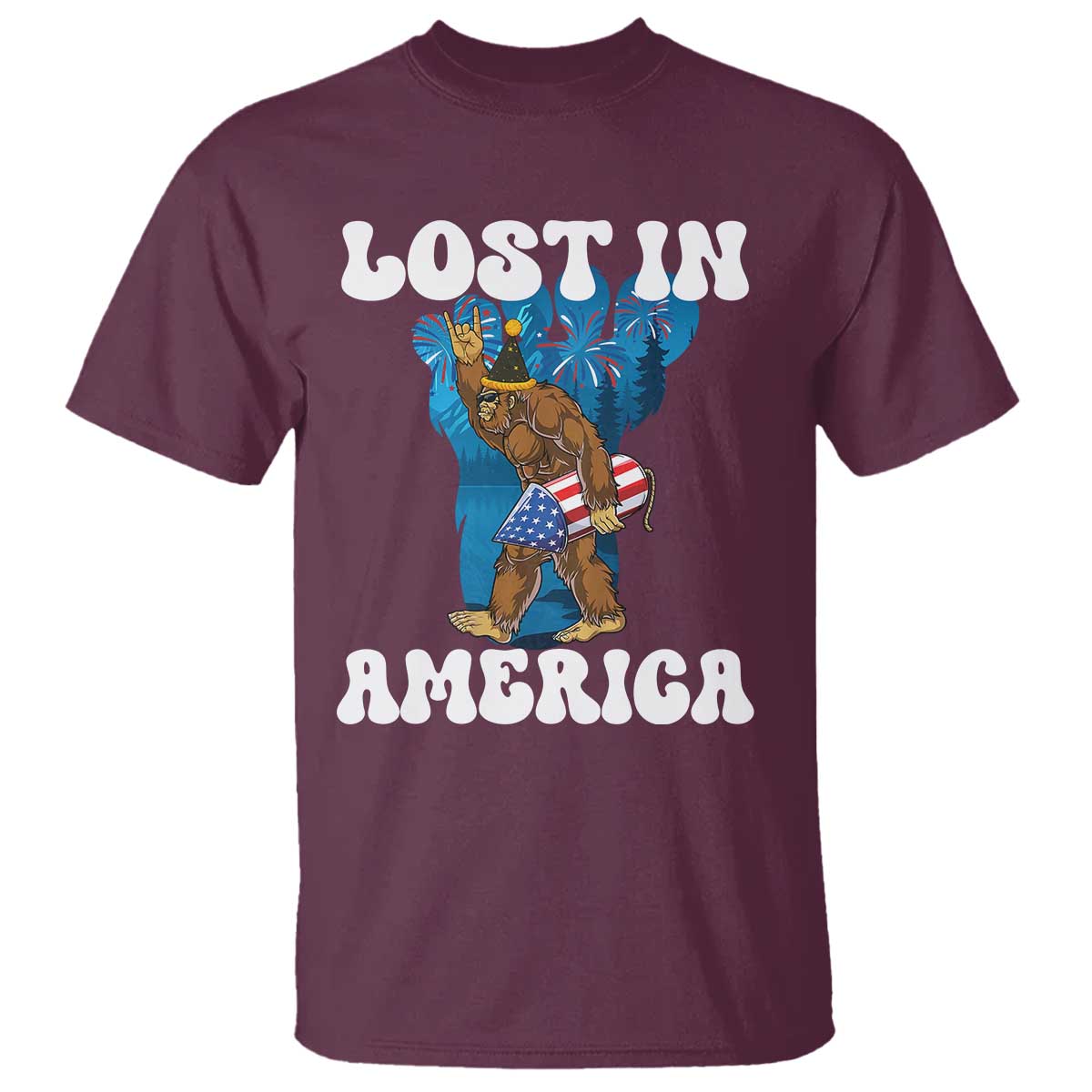 Funny 4th Of July Bigfoot Lost In America T Shirt Patriotic Sasquatch Rocket Footprint Fireworks TS11 Maroon Print Your Wear