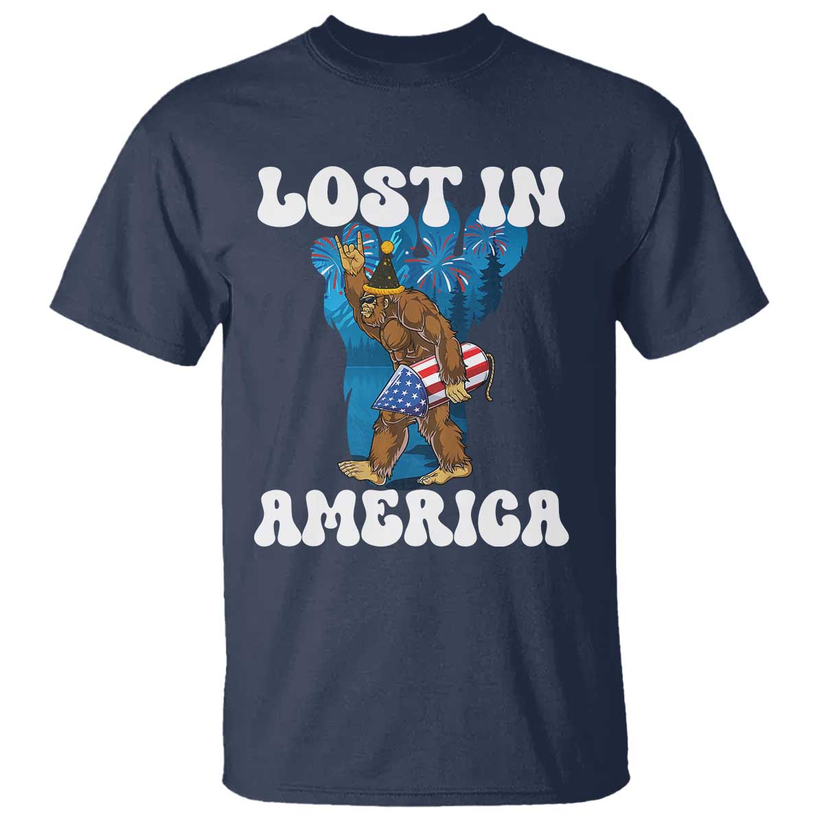 Funny 4th Of July Bigfoot Lost In America T Shirt Patriotic Sasquatch Rocket Footprint Fireworks TS11 Navy Print Your Wear