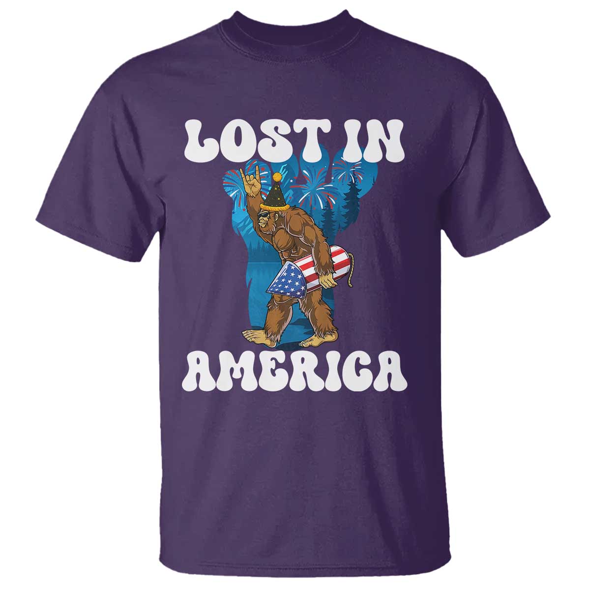Funny 4th Of July Bigfoot Lost In America T Shirt Patriotic Sasquatch Rocket Footprint Fireworks TS11 Purple Print Your Wear
