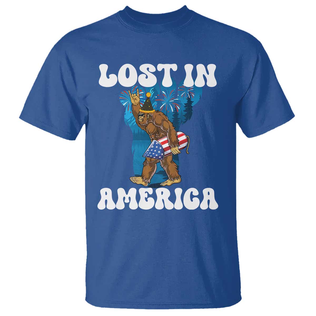 Funny 4th Of July Bigfoot Lost In America T Shirt Patriotic Sasquatch Rocket Footprint Fireworks TS11 Royal Blue Print Your Wear