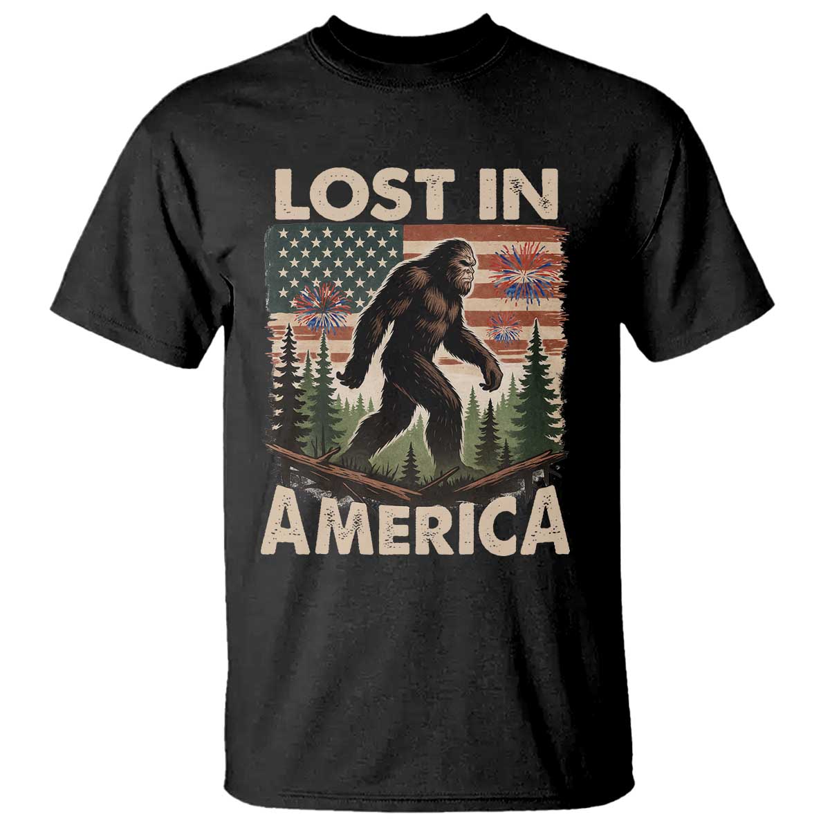 Funny 4th Of July Bigfoot Lost In America T Shirt Patriotic Sasquatch US Flag Fireworks TS11 Black Print Your Wear