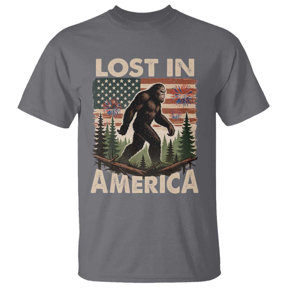 Funny 4th Of July Bigfoot Lost In America T Shirt Patriotic Sasquatch US Flag Fireworks TS11 Charcoal Print Your Wear